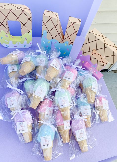 Ice Cream Donut Birthday Party, Ice Cream Goody Bags, Too Sweet Birthday Party Food, Two Sweet Favors, Ice Cream Theme Goodie Bags, Princess Ice Cream Party, Ice Cream Social Party Decoration, Fourth Birthday Ice Cream Party, I’ve Cream Party Favors