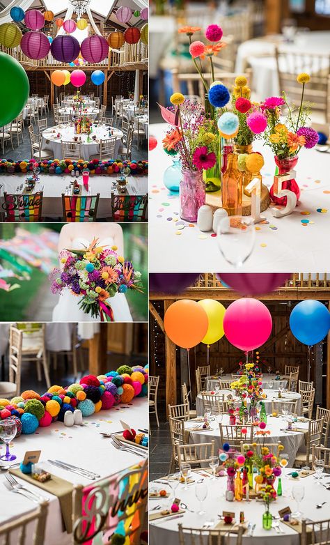 Bright Colour Party Decorations, Bright Colour Themed Party, Multicoloured Wedding Theme, Colourful Party Ideas, Festival Themed Table Decorations, Rainbow Wedding Favors, Cheap Colorful Wedding, Colourful Backyard Wedding, Colourful Theme Party Decoration