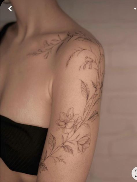 Flowers On The Shoulder Tattoo, Arm To Chest Tattoo Woman, Fine Line Floral Tattoo Upper Arm, Floral Dainty Tattoo, Women’s Floral Chest Tattoo, Feminine Flower Tattoos Arm, Floral Arm Piece, Fine Line Vine Tattoo Arm, Lightly Shaded Flower Tattoo