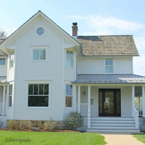 Restored 1875 modern farmhouse in Barrington, Illinois. Hello Lovely studio. Galvalume Roof, White Farmhouse Exterior, Farmhouse Tour, Houston Homes, White Modern Farmhouse, Board And Batten Exterior, White Exterior Houses, Bedroom Addition, Porch Remodel