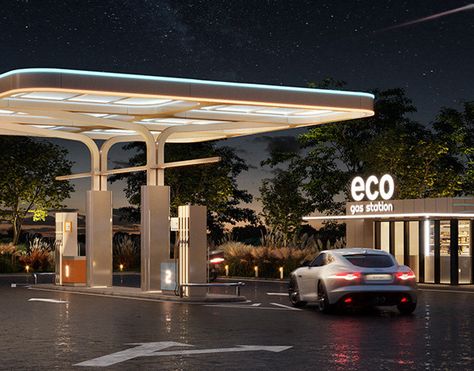 Gas-station Concept Projects | Photos, videos, logos, illustrations and branding on Behance Gas Station Building, Mini Gas Station, Futuristic Gas Station, Gas Station Design Architecture, Modern Gas Station, Gas Station Design, Fuel Station, Car Station, Shelter Design