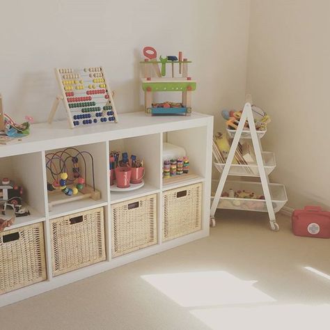 Playroom Baskets, Kallax Kids Room, Bedroom 2022, Storage Toys, Living Room Playroom, Ikea Expedit, Montessori Playroom, Toddler Playroom, Boy Bedroom Design