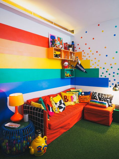 big bit margate super colourful house tour unicorn home airbnb polka dot walls rainbow walls red sofa fun cushions home made Colourful Playroom Ideas, Kids Colorful Bedroom, Colorful Kids Room Boy, Colorful Bedroom Walls, Boys Rainbow Bedroom, Playroom Wall Colors, Red Boys Room, Kids Rainbow Bedroom, Rainbow Bedroom Ideas