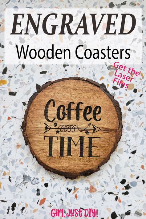 Get the files to make a set of four engraved wooden coasters for your favorite cup of coffee. You can use the files with your laser or your cricut. #girljustdiy Engraved Wood Coasters, Upcycle Decor, Coffee Coasters, Laser Engraved Wood, How To Make Coffee, Wooden Coasters, Engraved Wood, Wood Coasters, Cup Of Coffee