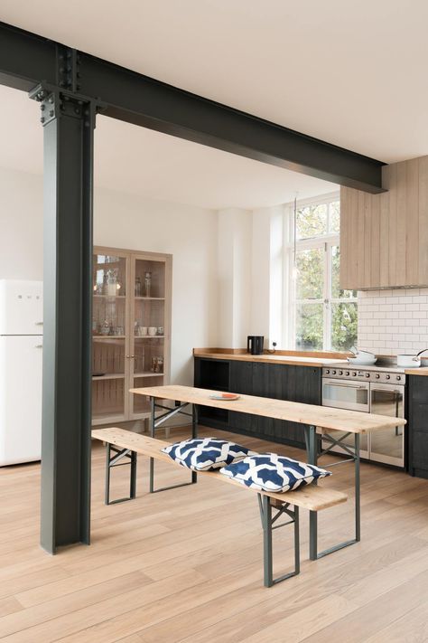 The Clerkenwell Apartment | deVOL Kitchens Exposed Steel Column Kitchen, Metal Beam, Devol Kitchens, Georgian Townhouse, Pale Wood, Steel Columns, Handmade Kitchen, Urban Rustic, Steel Beams