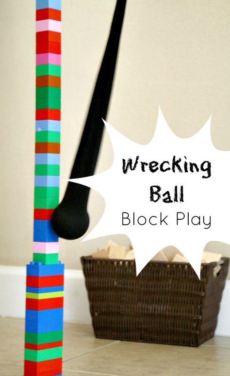 Super Easy DIY Wrecking Ball Block Play...plus great Construction, Building & Engineering ideas to Discover & Explore with kids! Diy Wrecking Ball, Preschool Construction, Ball Play, Blocks Preschool, Block Center, Block Area, Block Play, Construction Activities, Creative Curriculum