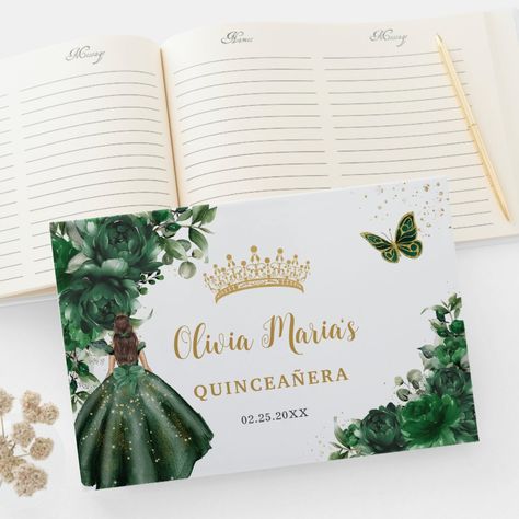 Coordinate your party with this elegant personalized Emerald Green Floral Guest Book!  Personalize it easily and quickly, simply click the customize it further button to edit the texts, change fonts and fonts colors. Featuring beautiful watercolor emerald green flowers, a brunette princess and emerald and gold butterflies. Matching items available in store. (c) Somerset Fine Paperie Emerald Green Flowers, Quince Planning, Quinceanera Guest Book, Emerald Green Gown, Custom Guest Book, Quinceanera Party, Green Gown, Girl Princess Dress, Sweet 16 Birthday