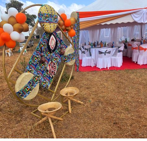 Kenyan Wedding Decor, Kenyan Traditional Wedding, Ruracio Decor, Traditional Lobola Decor, African Backdrop, African Traditional Wedding Decoration, Africa Theme Party, Chilanga Mulilo, Outdoor Events Decor