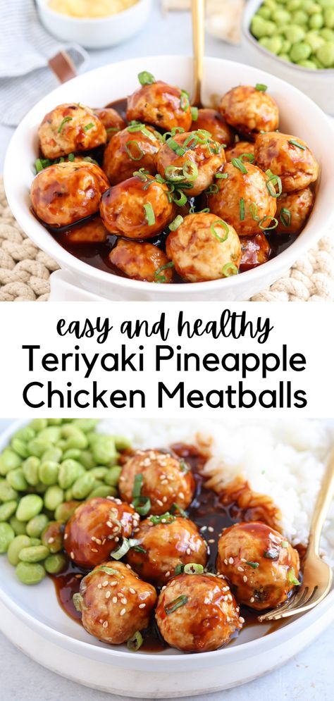 Dreaming of sweet and sticky Teriyaki meatballs? Make these ones for dinner! These Teryiaki Pineapple Chicken Meatballs are made with 100% whole ingredients and MUCH better than the ones from Costco. Made with ground chicken, crushed pineapple, fresh ginger and garlic and coated in yummy sweet and sticky pineapple Teriyaki sauce. Perfect easy weeknight dinner or appetizer! Pineapple Chicken Meatball Recipe, Teriyaki And Pineapple Meatballs, Teriyaki Pineapple Chicken Meatballs, Pineapple Chicken Meatballs Costco, Hawaiian Chicken Meatballs, Chicken Teriyaki Meatballs Costco, Chicken Pineapple Meatballs, Aidells Teriyaki Pineapple Meatballs, Pineapple Teriyaki Chicken Meatballs