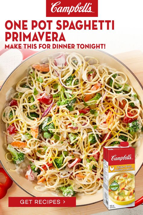 Campbells One Pot Spaghetti Carbonara, One Pot Spaghetti Carbonara Campbell, Campbell Soup Recipes, Pasta Primavera Recipes, One Pot Pasta Primavera, Garlic And Herb Cream Cheese, Spaghetti Primavera, Creamy Pasta Primavera, Ww Soup