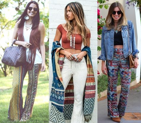 Uma característica muito importante nas calças estilo boho é que elas sejam modelo flare, com a boca mais larga. O tecido e textura da peça são fundamentais para proporcionar o toque boho. Tecidos com aparência rendada ou com estampas podem ser o destaque do visual. “As calças de cintura alta e boca-de-sino (flare) representam bem o estil boho, assim como as pantalonas coloridas ou com estampas étnicas e florais.Componha com botas, batas, quimonos com franjas, coletes de crochê ou couro". Stile Hippie Chic, Sweet 16 Outfits, Estilo Hippie Chic, Stile Boho Chic, Look Boho Chic, Ethno Style, Hippy Chic, Christian Fashion, Estilo Boho Chic