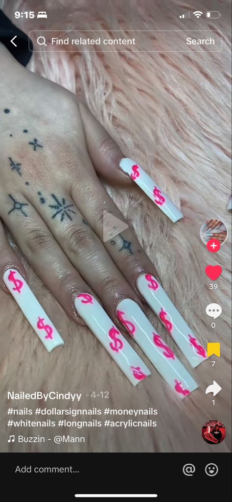 Dollar Sign Nails, Money Sign Nails, Gangster Nails, Dollar Sign, Money Sign, Unique Nails, White Nails, Long Nails, Nail Inspo