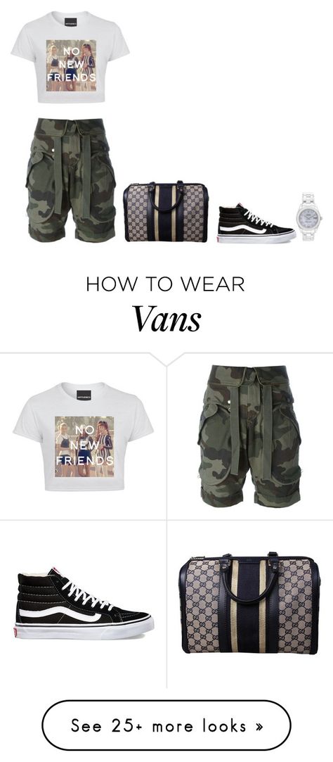 "Untitled #438" by simplefashionblack on Polyvore featuring Faith Connexion, Vans, Gucci and Rolex Vans High Tops, How To Wear Vans, White Crop Tops, Vans High, Camouflage Shorts, Faith Connexion, High Top Vans, White Crop, White Crop Top