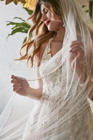 Floral Applique Open Back Petite Wedding Dress | David's Bridal Astilbe Bridal Veil, Layered Lace Wedding Dress, Sleeveless Embroidered Floral Applique Wedding Dress, Davids Bridal Wedding Veils, Rustic Wedding Veil, Floral Applique Veil, Wedding Veil Styles, Petite Wedding Dress, Veil Styles