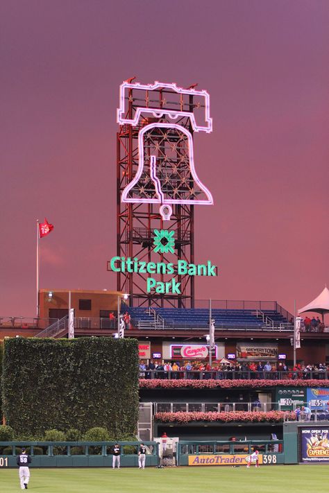 neon liberty bell; citizens bank park:  philadelphia, pennsylvania Citizens Bank Park, Pic Wall, Philly Sports, Mlb Stadiums, High School Photos, Baseball Park, Beach Sport, Pittsburgh Sports, Baseball Photos