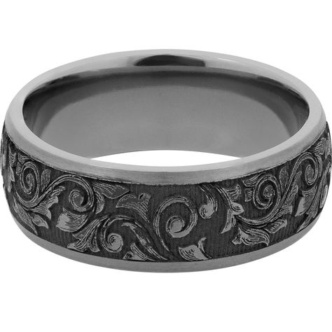 An air of ornate sophistication defines this laser-carved scroll wedding band in tantalum. Black Cerakote ceramic contrasts the artfully crafted pattern for optimal optics. Lightweight, crack-resistant and hypoallergenic, Tantalum boasts many strengths with an undeniable luster ideal for the modernist. Its alloy-free composition prevents corrosion and yields lasting color under extreme conditions. Cerakote finishes outperform conventional ceramic coatings with a unique formula used to enhance ha Helzberg Diamonds, Alternative Metal, Scroll Pattern, Matching Wedding Bands, Wedding Band Ring, Ceramic Coating, Wedding Matches, Mens Wedding Rings, Men's Rings