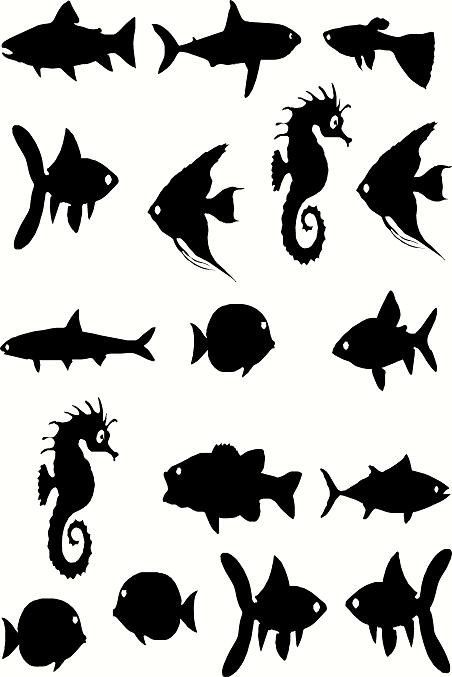 vinyl wall decal Assorted fish and seahorse silhouettes. $11.95, via Etsy. Printed Cake Topper, Shark Printables, Edible Print Cake, Edible Printing, Silhouette Stencil, Stencil Patterns, Animal Silhouette, Silhouette Portrait, Shadow Puppets