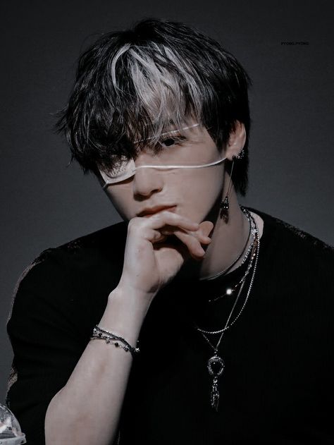 Black And White Hair Men Aesthetic, Choi San Black And White Hair, Short Hair With White Highlights, Black Hair With Silver Tips, Black And Silver Hair Men, Black And White Hairstyles Men, Black Hair White Streak Men, Choi San Long Hair, Short Black Hair With White Streak