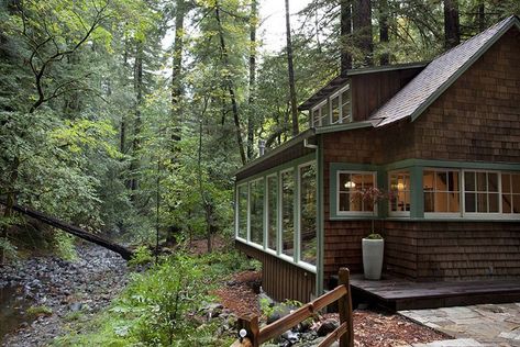 Brown Shingles, Creekside Cabin, Little Cabin In The Woods, Rustic Exterior, Shingle Siding, Cabin Exterior, Timber Deck, Cabin Living, Cottage In The Woods