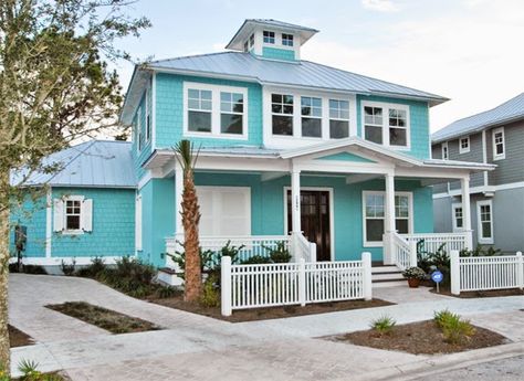 turquoise house | Glenn Layton Homes Beach House Colors, Beach House Exterior, House Of Turquoise, Beach Cottage Decor, Beach Cottage Style, Plywood Furniture, Gulf Shores, House Paint Exterior, Kelly Wearstler