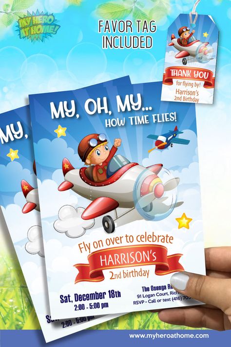 Personalized Airplane Invitation, Time flies birthday invitation, Airplane theme party, Pilot Airplane invitation, Come fly with me invitation, Fly on over invitation, This year has flown by invitation, Airplane birthday Invitation, Airplane Thank You Tags, Birthday thank you tag, Pilot Thank you tag, Printable tags. #PersonalizedInvitations, #AirplaneBirthday, #DigitalPrintables, #CustomDesign #PartySupplies #KidsBirthdayParty #PartyIdeas #Myheroathome Airplane Invitation, Time Flies Birthday, Airplane Vintage, Pilot Airplane, Football Invitations, Star Wars Invitations, Thank You Tag Printable, Vintage Invitation, Airplane Theme