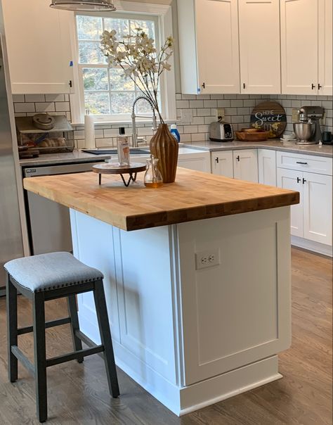 Beautiful Oiled Birch Butcher Block Counter top Granite Island Butcher Block Counters, Square Butcher Block Kitchen Island, Green Kitchen Island With Butcher Block, Butcher Block Center Island, Butcher Block Island With Granite Countertops, But Her Block Counters, White Island With Butcher Block Top, Chopping Block Counter Tops, Cream Cabinets Butcher Block Counter