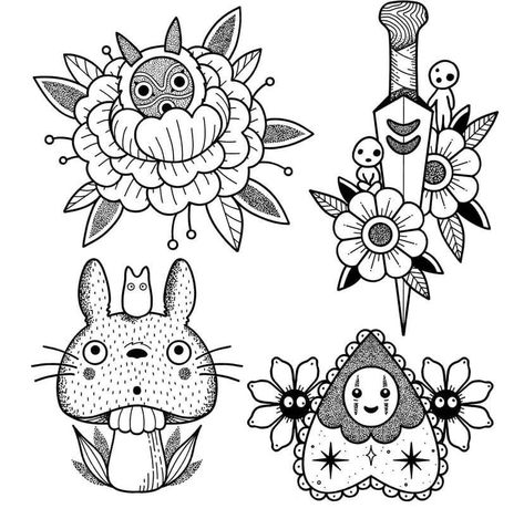 Cute Black And Grey Tattoos, Studio Ghibli Tattoo Flash, Studio Ghibli Flash Sheet, Studio Ghibli Traditional Tattoo, Studio Ghibli Tattoo Sleeve, Ghibli Flash Tattoo, Studio Ghibli Flash Tattoo, Studio Ghibli Tattoo Ideas, Kodama Tattoo