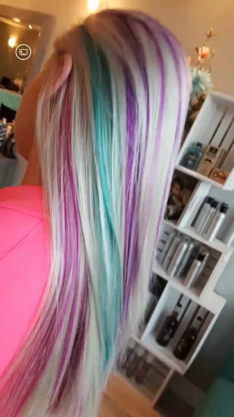 Silver blonde, purple, teal and pink peekaboo highlights! Love my hairdresser! Pink And Teal Peekaboo Hair, Purple And Teal Hair Highlights, Purple And Teal Hair Peekaboo, Blonde Hair With Purple Peekaboo, Teal Hair Streaks, Teal Hair Highlights, Blonde Hair With Purple, Pink Peekaboo Highlights, Blonde Hair Blue Eyes Makeup