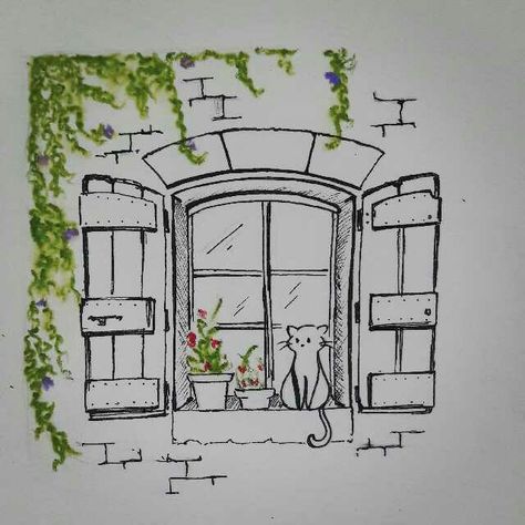 Buildings Illustration Simple, School Building Drawing Reference, Architecture Doodle Art, Aesthetic Window Drawing, Cute Sketches Aesthetic Doodle, Window Drawing Easy, Window Drawing Sketch, How To Draw Buildings, Building Sketches Simple