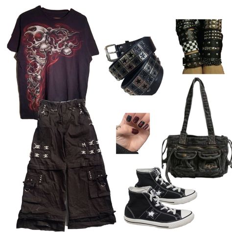 Grunge Metal Aesthetic, Metal Head Outfits, Metal Aesthetic, Skater Shorts, Gay Outfit, 1970's Fashion, Alt Outfits, Fashion Top Outfits, Outfit Layout