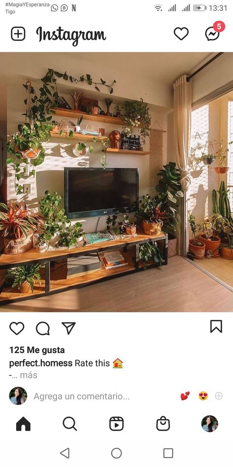 Plants Tv Stand, Shelf By Tv, Cozy Living Room Tv Stand, Boho Living Room Tv Stands, Cottage Core Tv Stand, Boho Tv Stand Decor, Boho Tv Stands Living Rooms, Decor Behind Tv, Boho Tv Stand