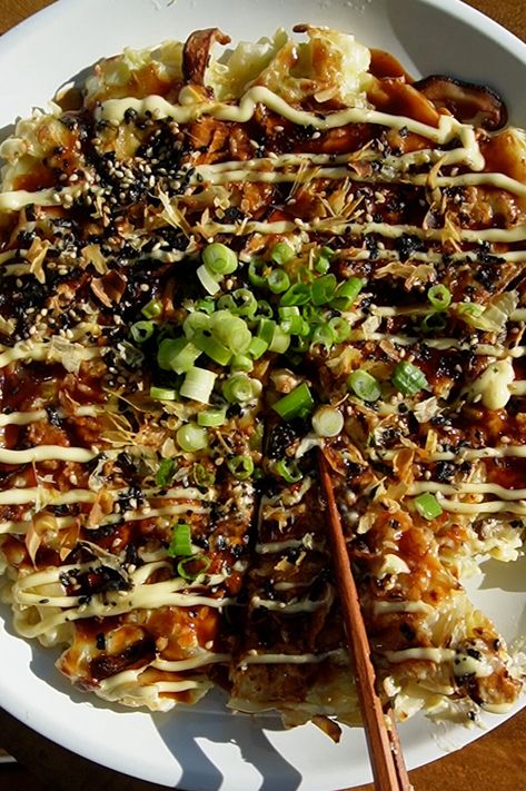 Okonomiyaki Recipe Vegetarian, Japanese Okazuya Recipes, Japanese Cabbage Pancake Recipe, Asian Egg Pancake, Cabbage Pancakes Okonomiyaki Sauce, Air Fryer Okonomiyaki, Hiroshima Okonomiyaki Recipe, Cabbage Pancake Japanese, Okinawan Food Recipes