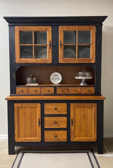 SOLD....this was a custom design order.  This hutch is for sale  https://theopenedcocoon.etsy.com/listing/1256263980 Navy China Hutch, Western China Cabinet, Black Dining Hutch, Black Hutch Farmhouse, Kitchen Hutch Ideas Farmhouse Style, Modern Farmhouse China Cabinet, Redo Hutch Ideas, China Hutch Repurposed Kitchen Cabinets, Black Hutch Makeover