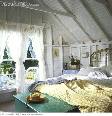 Exposed Lath Walls or Plaster? You brought her. - Courtney Scrabeck White Vaulted Ceiling, Pale Yellow Bedrooms, White Lake House, Painting Stripes On Walls, Yellow Bedroom Walls, Vaulted Ceiling Bedroom, Yellow Painted Walls, Lakehouse Bedroom, Country Bedrooms