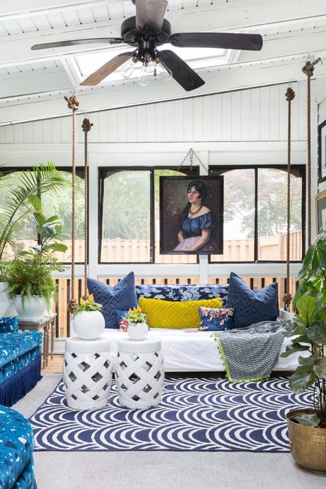 Caught My Attention – June Maximalist Porch, Sunroom Ideas Bohemian, Enclosed Sunroom Ideas, Bohemian Sunroom, Sunroom Design Ideas, Enclosed Sunroom, Sunroom Makeover, Seasonal Room, Eclectic Glam