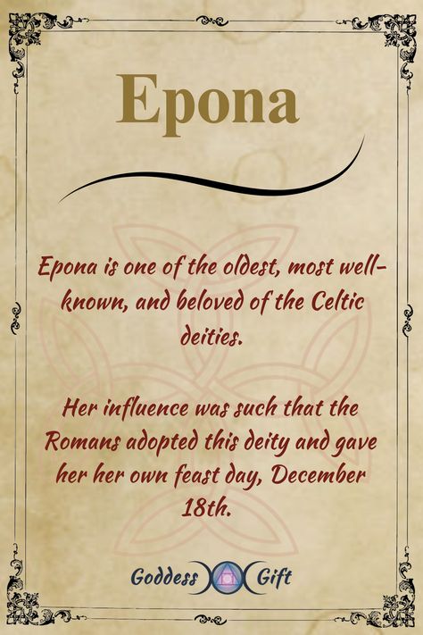 Her influence was such that the Romans adopted this deity and gave her her own feast day, December 18th. Learn more - https://goddessgift.com/goddesses/epona/ . #Epona #CelticGoddess #HorseGoddess #CelticMythology #AncientDeities #GoddessOfHorses #RomanAdoption #GoddessInfluence #PaganTraditions #MythologicalFigures #HorseLover #AncientRome #HistoricalFigures #MythologyLover Epione Goddess, Epona Goddess, Goddess Sagittarius, Horse Goddess, Celtic Horse, Celtic Deities, Powerful Goddess, Goddess Names, Celtic Goddess