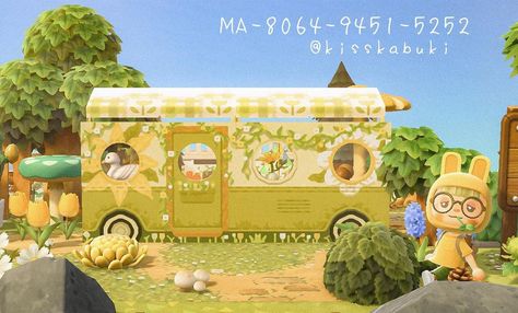 raven🍃 on Instagram: “decided to design my own camper van! introducing my "painted camper"~🌻🍐 i hope to make some more color variations and such, but for now i…” Cottagecore Animal Crossing, Standee Design, Cozy Games, Pink Island, Acnh Cottagecore, Animal Crossing 3ds, Island Theme, Stall Designs, Island 2