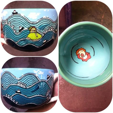 Jumbo Ponyo Mug  Check out my etsy! I make a lot of fandom pieces and I do commission work :) https://www.etsy.com/shop/tortugapalooza Pottery Painting Ponyo, Ponyo Bowl Pottery, Ponyo Ceramics, Pottery Painting Studio Ghibli, Ponyo Bowl, Studio Ghibli Pottery Painting, Ghibli Pottery Painting, One Piece Pottery, Ponyo Clay