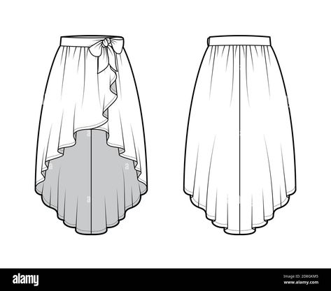 Download this stock vector: Skirt high low cascade wrap technical fashion illustration with semi-circular fullness, thick waistband. Flat bottom template front, back, white color style. Women, men, unisex CAD mockup - 2D8GKM5 from Alamy's library of millions of high resolution stock photos, illustrations and vectors. Denim Design, Technical Drawing, Skirt Design, Style Women, Classic Outfits, Color Style, Print Images, Fashion Illustration, White Color