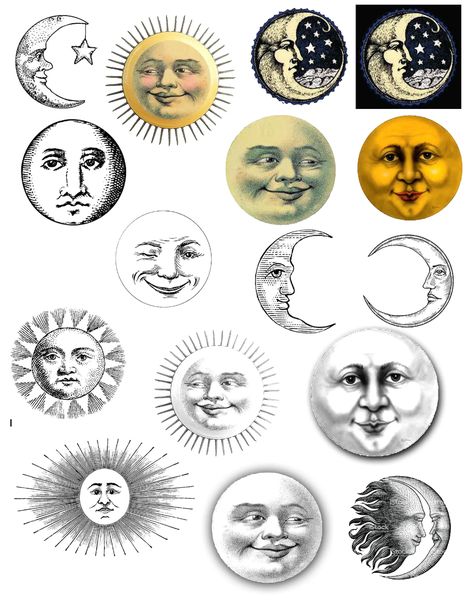 Sun and Moon Digital Download Elements for Collage Mixed - Etsy Collage Art Inspiration, Digital Collage Elements, Journal Pictures To Print, Vintage Sun Art, Grungy Journal, Star With Face, Moon Face Art, Sun Collage, Sun And Moon Drawing