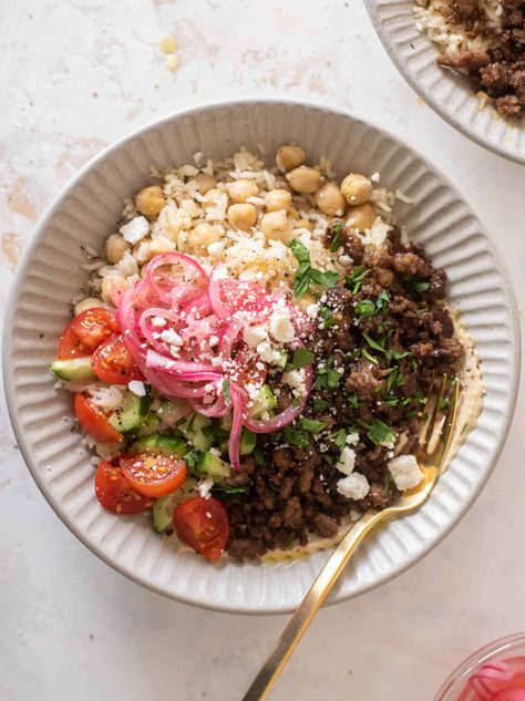 mediterranean beef bowls Pickle Slaw, Sticky Salmon, Rice And Chickpeas, Meatballs With Zucchini, Mediterranean Beef, Chickpea Pasta Salad, Kale Greens, Zucchini Risotto, Week Of Meals