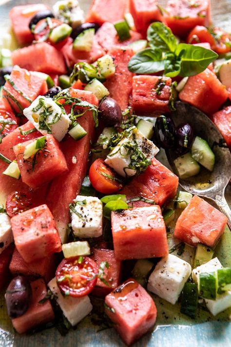 Watermelon Feta Salad Recipes, Feta Salad Recipe, Basil Vinaigrette, Watermelon Feta Salad, Watermelon And Feta, Watermelon Salad, Healthy Summer Recipes, Feta Salad, Half Baked