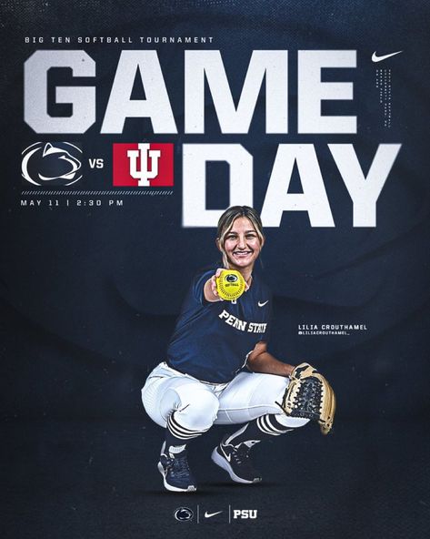 Gameday Graphics, Baseball Poses, Softball Tournaments, Football Graphics, Sport Poster Design, Graphic Ideas, Softball Team, Big Ten, Sport Poster