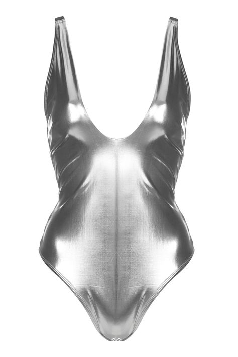 Carousel Image 0 Silver Swimsuit, Metallic Swimwear, Chica Punk, Metallic Swimsuit, Summer Bathing Suits, Plunge Swimsuit, Beach Bathing Suits, Plunging One Piece Swimsuit, Swimming Bathing Suits