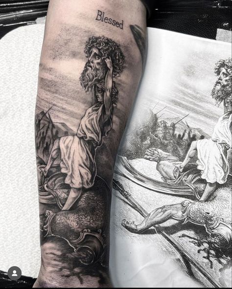 Tattoo , david and goliath , Doctor With Tattoos, Moses Tattoos For Men, Bible Tattoo Sleeve, Daedalus Tattoo, David Vs Goliath Art, David Vs Goliath Tattoo, Biblical Tattoos For Men Forearm, Biblical Tattoos Sleeve, King David Tattoo