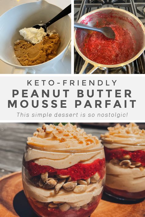 Get your PB&J fix with this keto parfait using our whipped salted peanut butter recipe, with only 5 ingredients for mousse! #keto #lowcarb #peanutbutter #peanutbuttermousse #whippedpeanutbutter #peanutbutterrecipes ##ketorecipes #dessert #dessertrecipes Keto Pb And J, Keto Parfait, Peanut Butter Jelly Recipes, Carb Cycle, Peanut Butter Recipe, Whipped Peanut Butter, Cool Whip Desserts, Carb Dishes, Peanut Butter Jelly Time