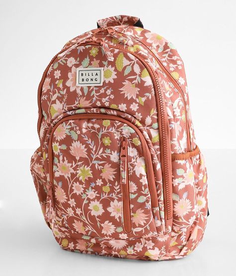 Billabong Roadie Backpack - Red , Women's Garnet Logo patch floral print canvas lined backpack Zipper closures Interior padded laptop sleeve Adjustable cushioned shoulder straps Dimensions: 13(L) x 7(W) x 17(H). 100% Polyester. Do not wash. Do not bleach. Line dry. Do not iron. Do not dry clean. Luggage & Bags > Backpacks Backpacks Billabong, Billabong Backpack, Cute Backpacks For School, Boho Backpack, Large Backpack Travel, Aesthetic Backpack, Red Backpack, Backpack For Women, School Accessories