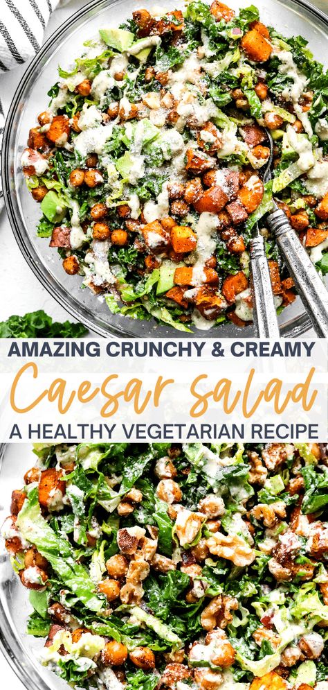 Crispy Chickpea, Kale Caesar, Kale Caesar Salad, Vegetarian Salad Recipes, Vegetarian Meal Prep, Salad Meal Prep, Crispy Chickpeas, Hearty Salads, Vegetarian Salads