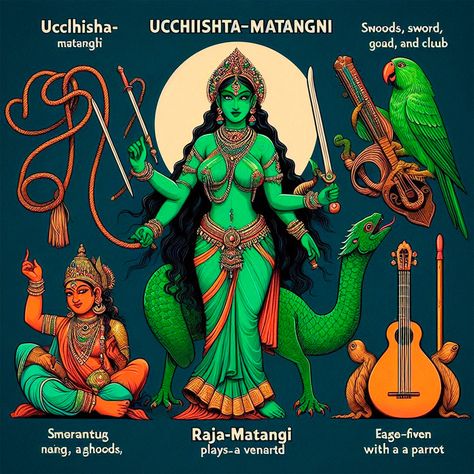 Matangi Explained: The Goddess of Wisdom, Arts, and Inner Harmony 🎶✨ Maa Matangi is one of the ten Mahavidyas, revered as the goddess of knowledge, creativity, and divine expression. Known as the Tantric Saraswati, she governs music, speech, and the arts, empowering her devotees with eloquence and mastery of creative pursuits. Her green complexion signifies renewal, balance, and harmony with nature. Matangi teaches us to embrace imperfections, find beauty in the unconventional, and channel o... Matangi Goddess, Maa Matangi, Female Goddess Art, Ten Mahavidyas, Universal God, Shimmer Aesthetic, Goddess Of Knowledge, Goddess Kali Images, Durga Mantra