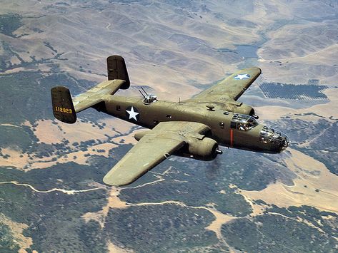 North American B-25 Mitchell S/N 112823 during a test flight  in 1942.  The North American B-25 Mitchell was an American twin-engined medium bomber manufactured by North American Aviation. It was used by many Allied air forces, in every theater of World War II, as well as many other air forces after the war ended, and saw service across four decades. B25 Mitchell, B 25 Mitchell, Wwii Airplane, Wwii Plane, Ww2 Planes, Aircraft Photos, Wwii Aircraft, Ww2 Aircraft, Vintage Aircraft